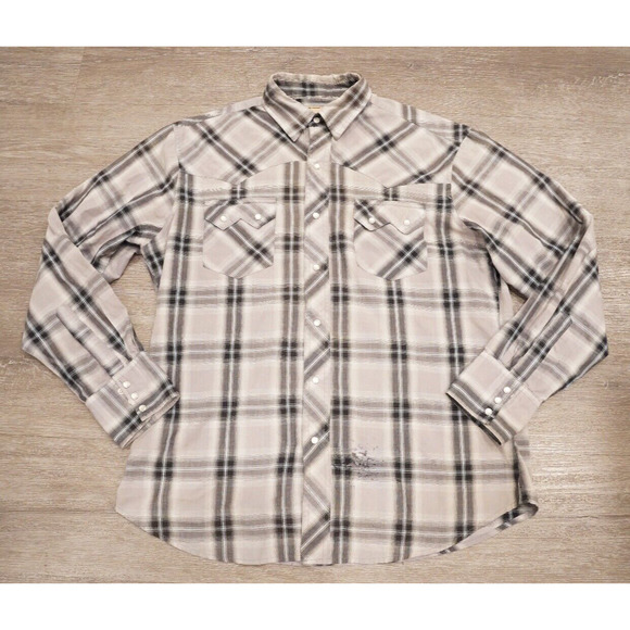 Wrangler Western Fashion Shirt Mens XL Snap Pearl Button Long Sleeve Beige Plaid - Picture 1 of 11